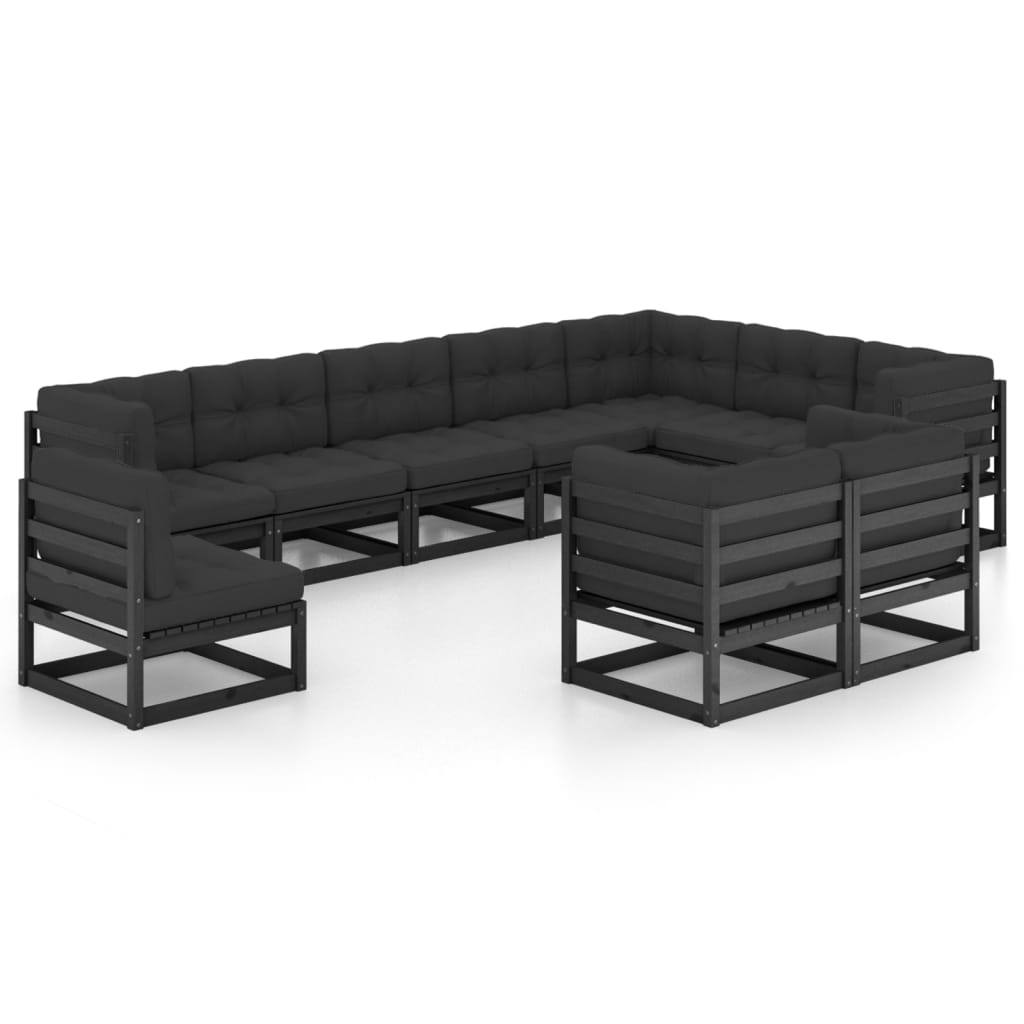 10-tlg. Garten-Lounge-Set mit Kissen Schwarz Kiefer Massivholz